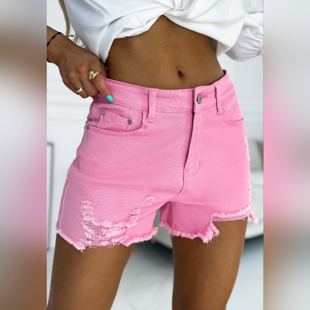 NEW WITH TAGS Size 14 Pink Denim Jean Shorts Factory Distressing